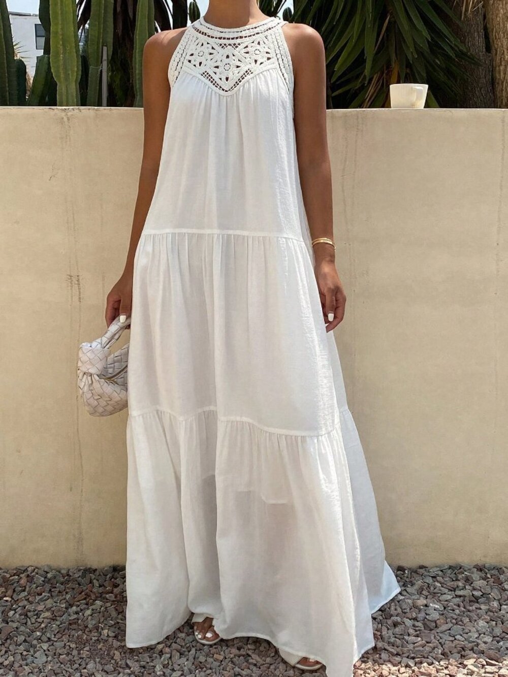 White Boho Women's Vacation Ruffle Hem Sundress - Picture 3 of 7